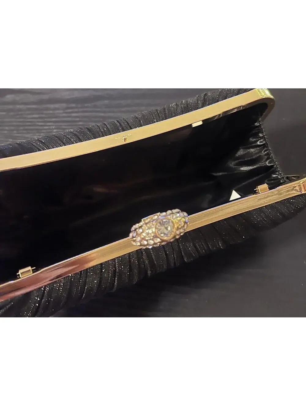 Elegant Black Evening Clutch with Gold Accents and Rhinestone Ring/Gold Chain